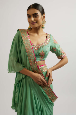 Shefali Mint Sari And Blouse by Gopi Vaid, available on Indiaspopup.com