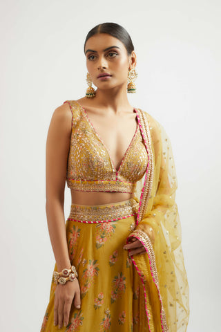 Esha Mustard Lehenga Set by Gopi Vaid, available on Indiaspopup.com