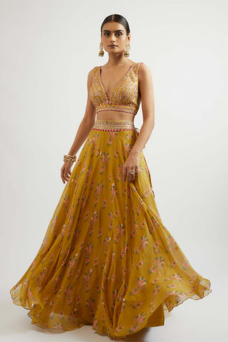 Esha Mustard Lehenga Set by Gopi Vaid, available on Indiaspopup.com