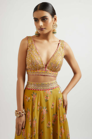 Esha Mustard Lehenga Set by Gopi Vaid, available on Indiaspopup.com