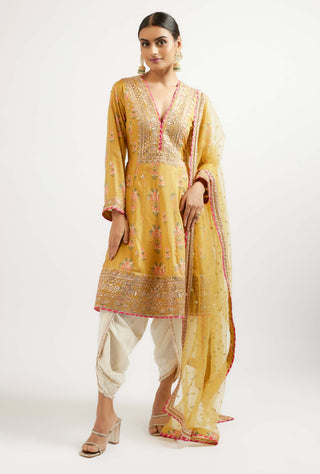 Ekta Mustard Floral Dhoti Set by Gopi Vaid, available on Indiaspopup.com