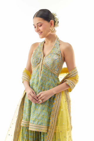 Yellow janhavi peplum and sharara set