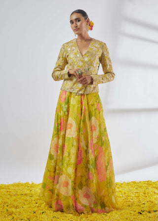 Mili Yellow Victorian Skirt And Jacket by Gopi Vaid available on Indiaspopup