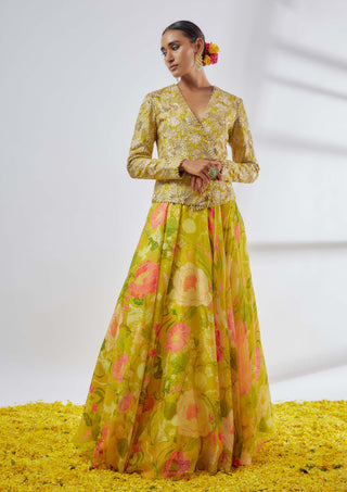 Mili Yellow Victorian Skirt And Jacket by Gopi Vaid available on Indiaspopup