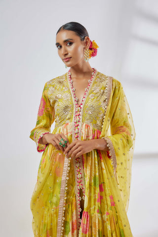 Huma Yellow Anarkali And Palazzo Set by Gopi Vaid available on Indiaspopup