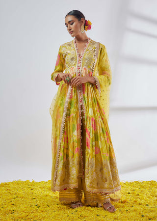 Huma Yellow Anarkali And Palazzo Set by Gopi Vaid available on Indiaspopup