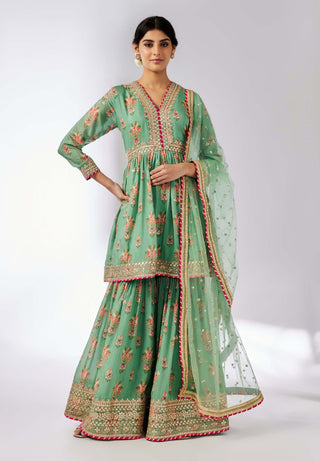 Samiksha Mint Peplum Sharara Set by Gopi Vaid, available on Indiaspopup.com