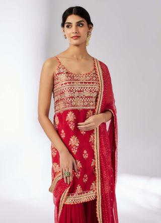 Chhaya Red Strappy Sharara Set by Gopi Vaid, available on Indiaspopup.com