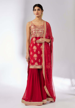 Chhaya Red Strappy Sharara Set by Gopi Vaid, available on Indiaspopup.com