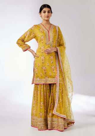 Sadhna Mustard Sharara Set by Gopi Vaid, available on Indiaspopup.com