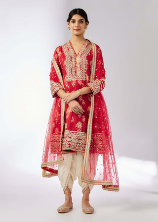 Ekta Red Floral Dhoti Set by Gopi Vaid, available on Indiaspopup.com