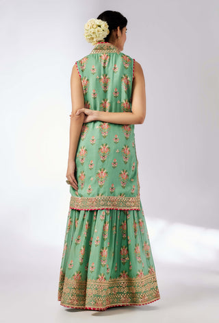 Dhriti Mint Sleeveless Sharara Set by Gopi Vaid, available on Indiaspopup.com