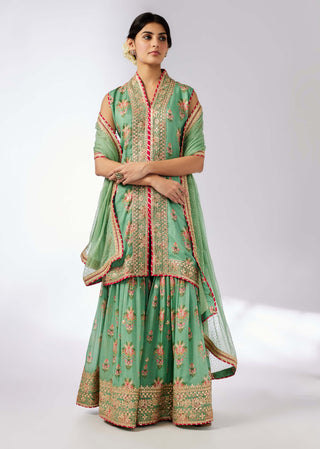 Dhriti Mint Sleeveless Sharara Set by Gopi Vaid, available on Indiaspopup.com