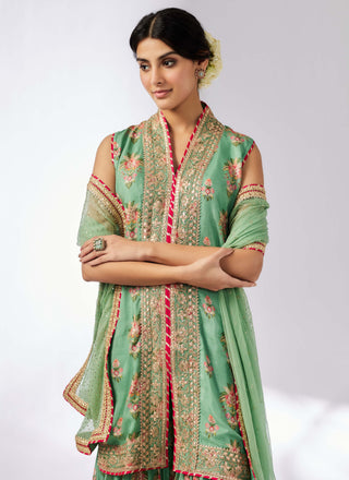 Dhriti Mint Sleeveless Sharara Set by Gopi Vaid, available on Indiaspopup.com