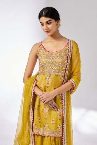 Chhaya Mustard Strappy Sharara Set by Gopi Vaid, available on Indiaspopup.com