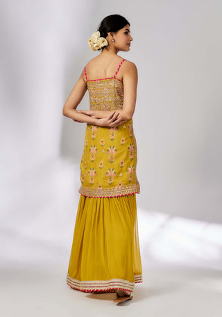 Chhaya Mustard Strappy Sharara Set by Gopi Vaid, available on Indiaspopup.com