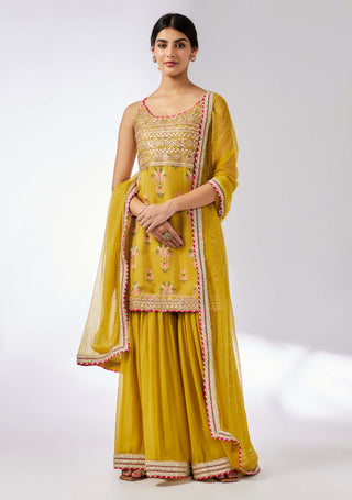 Chhaya Mustard Strappy Sharara Set by Gopi Vaid, available on Indiaspopup.com