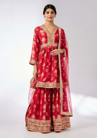 Samiksha Red Peplum Sharara Set by Gopi Vaid, available on Indiaspopup.com