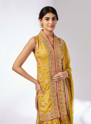 Dhriti Mustard Sleeveless Sharara Set by Gopi Vaid, available on Indiaspopup.com