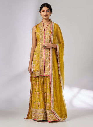 Dhriti Mustard Sleeveless Sharara Set by Gopi Vaid, available on Indiaspopup.com