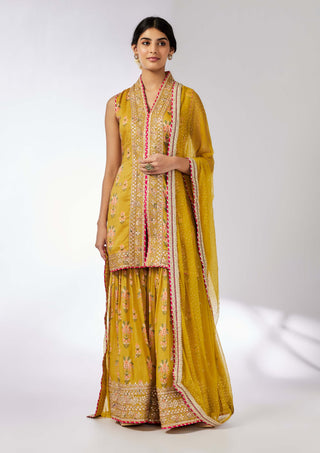 Dhriti Mustard Sleeveless Sharara Set by Gopi Vaid, available on Indiaspopup.com