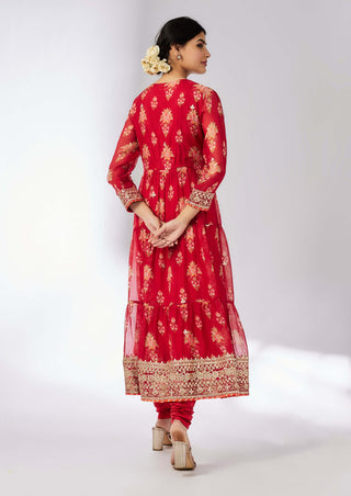 Joshna Red Tiered Anarkali Set by Gopi Vaid, available on Indiaspopup.com