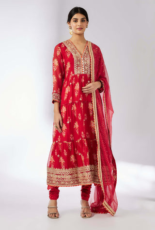 Joshna Red Tiered Anarkali Set by Gopi Vaid, available on Indiaspopup.com