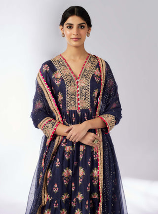 Joshna Navy Blue Tiered Anarkali Set by Gopi Vaid, available on Indiaspopup.com