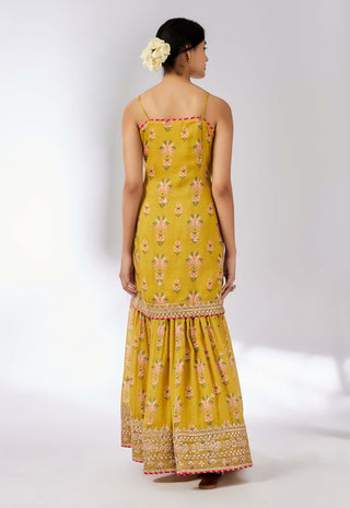 Advika Mustard Strappy Sharara Set by Gopi Vaid, available on Indiaspopup.com