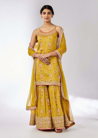 Advika Mustard Strappy Sharara Set by Gopi Vaid, available on Indiaspopup.com