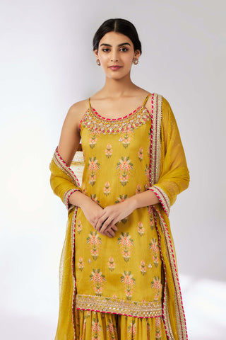 Advika Mustard Strappy Sharara Set by Gopi Vaid, available on Indiaspopup.com