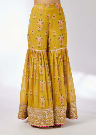 Advika Mustard Strappy Sharara Set by Gopi Vaid, available on Indiaspopup.com