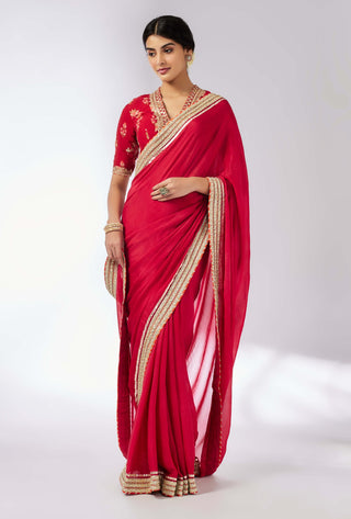 Anisha Red Sari Set by Gopi Vaid, available on Indiaspopup.com