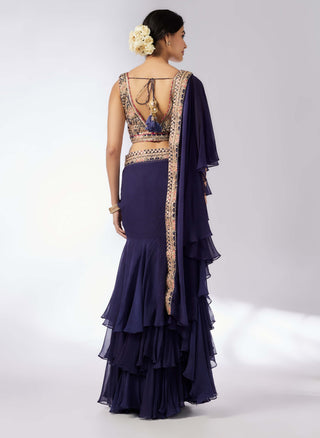 Shifa Navy Sari And Blouse by Gopi Vaid, available on Indiaspopup.com