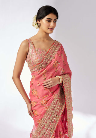 Mahira Pink Sari And Blouse by Gopi Vaid, available on Indiaspopup.com