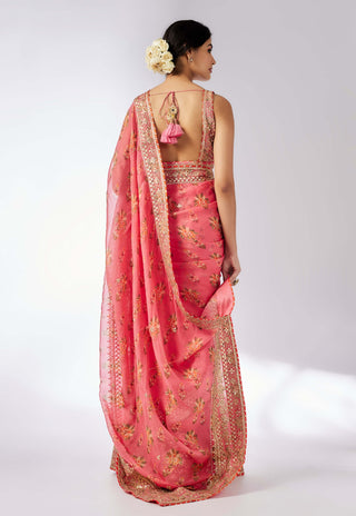 Mahira Pink Sari And Blouse by Gopi Vaid, available on Indiaspopup.com