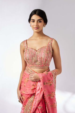 Mahira Pink Sari And Blouse by Gopi Vaid, available on Indiaspopup.com