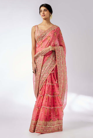 Mahira Pink Sari And Blouse by Gopi Vaid, available on Indiaspopup.com