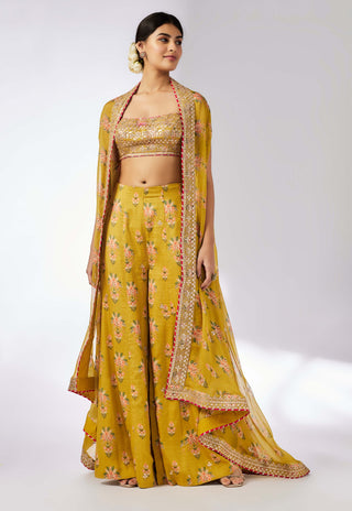 Jisha Mustard Palazzo And Cape Set by Gopi Vaid, available on Indiaspopup.com