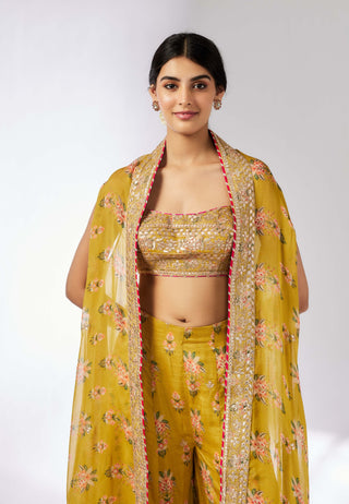 Jisha Mustard Palazzo And Cape Set by Gopi Vaid, available on Indiaspopup.com