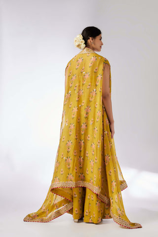 Jisha Mustard Palazzo And Cape Set by Gopi Vaid, available on Indiaspopup.com