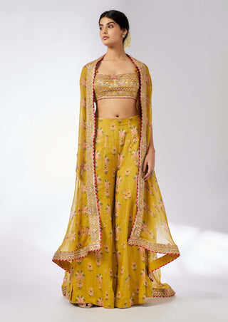 Jisha Mustard Palazzo And Cape Set by Gopi Vaid, available on Indiaspopup.com