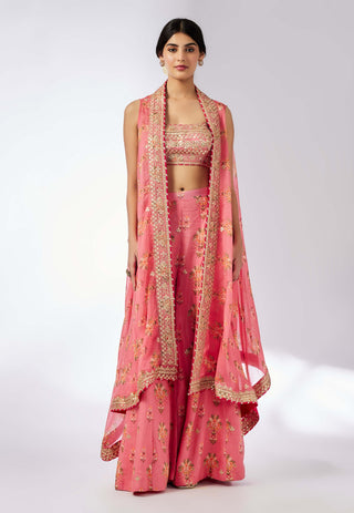 Jisha Pink Palazzo And Cape Set by Gopi Vaid, available on Indiaspopup.com