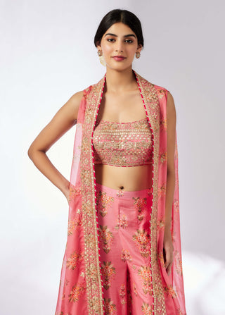 Jisha Pink Palazzo And Cape Set by Gopi Vaid, available on Indiaspopup.com