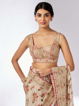 Mahira Ivory Sari And Blouse by Gopi Vaid, available on Indiaspopup.com