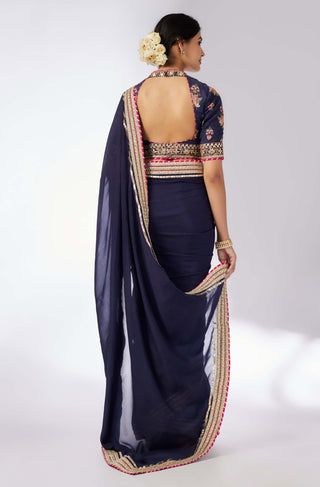 Anisha Navy Sari Set by Gopi Vaid, available on Indiaspopup.com