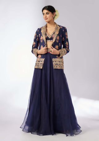 Unnati Navy Blue Lehenga And Jacket Set by Gopi Vaid, available on Indiaspopup.com