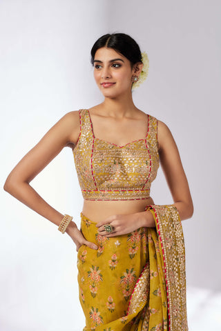 Masoom Mustard Sari Set by Gopi Vaid, available on Indiaspopup.com