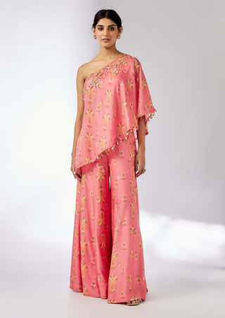 Elena Pink Printed Off-Shoulder Top And Pants by Gopi Vaid, available on Indiaspopup.com