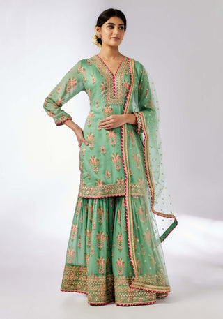 Sadhna Mint Sharara Set by Gopi Vaid, available on Indiaspopup.com